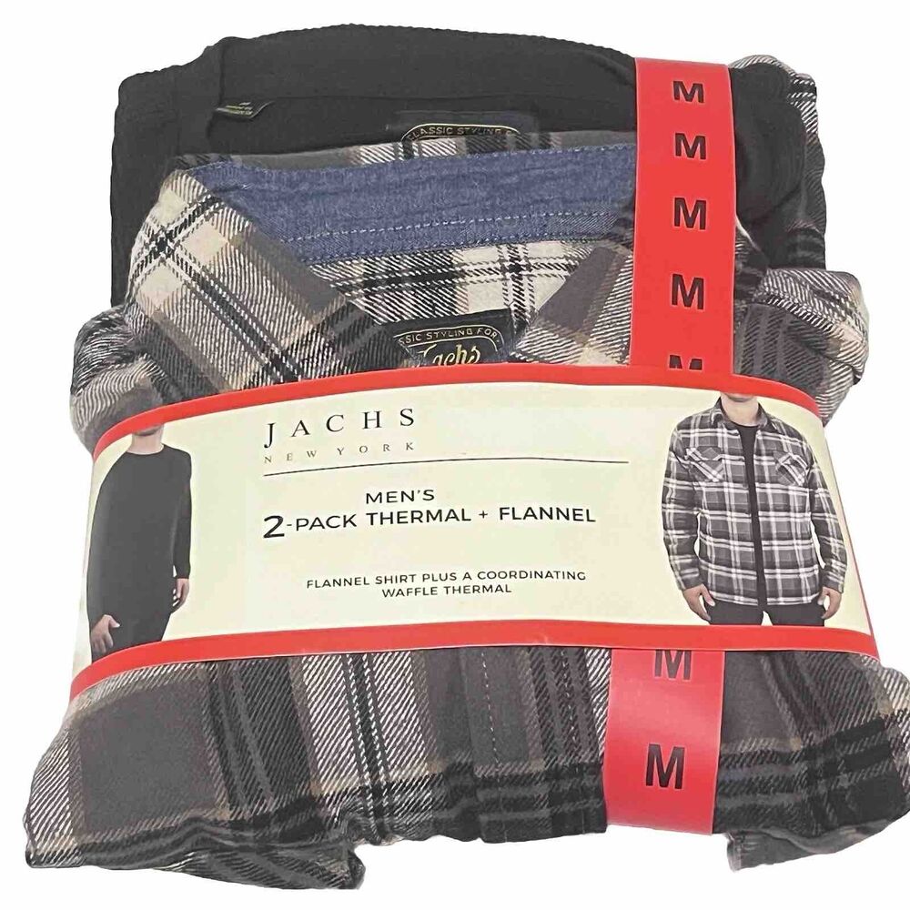 JACHS 2-PACK Mens Black Thermal and Black Brawny Flannel Shirt Size Medium NIP